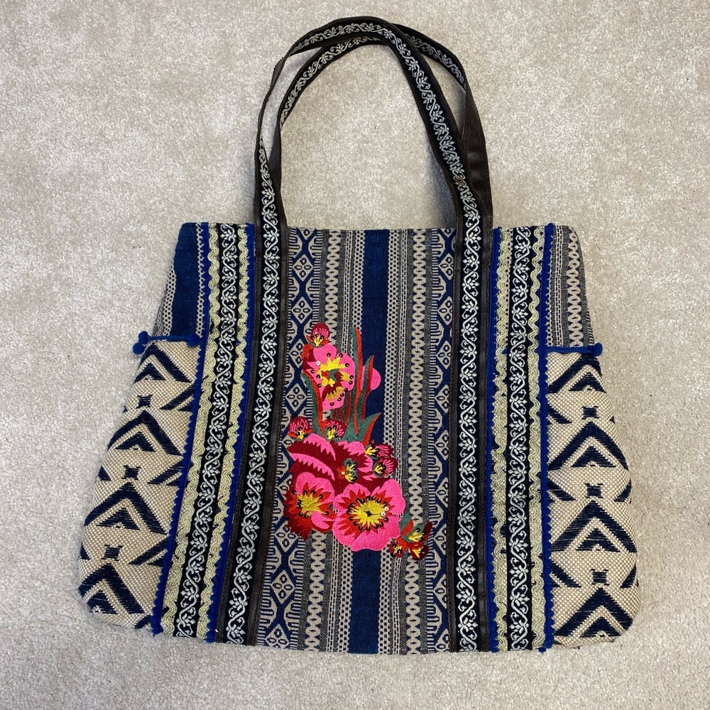 Blue and Pink Floral Embroidered woven  Tote beach bag